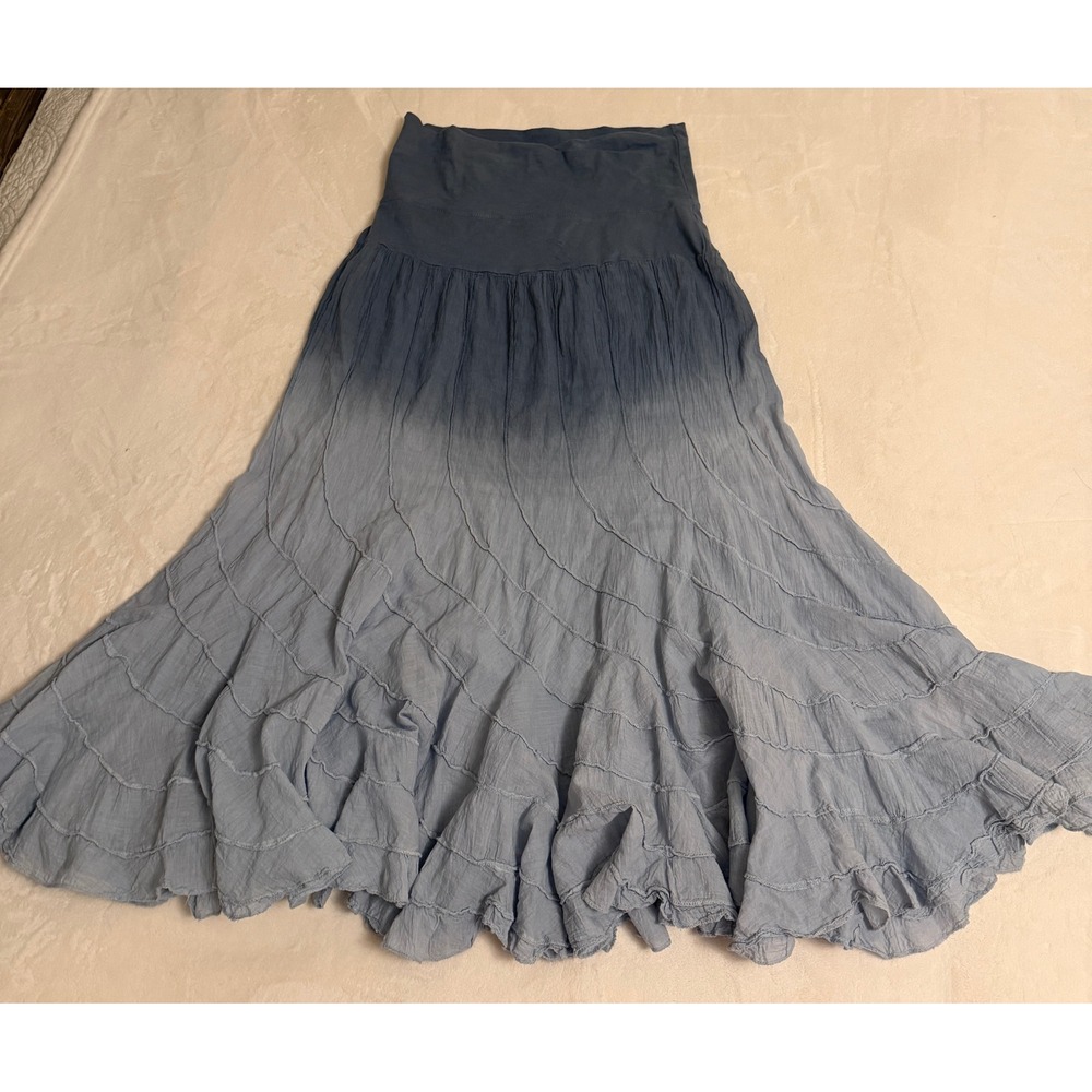 Cute Options Blue Ombre Cotton Maxi Skirt Boho Crinkle Gauze Tiered Small